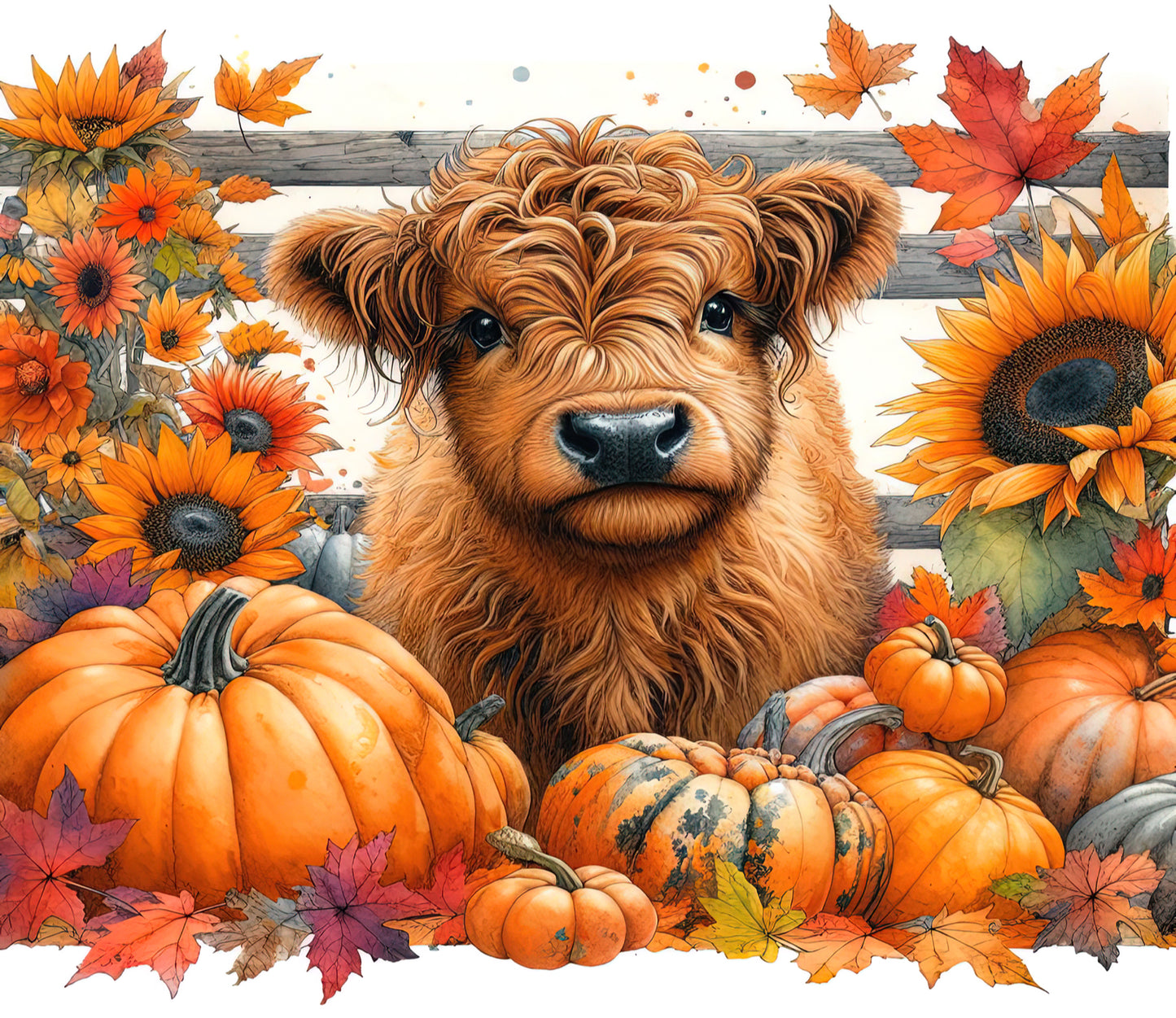 Highland Cow with Pumpkins